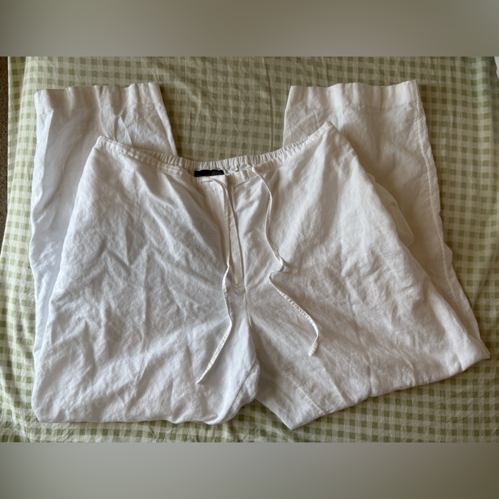 Women's White Linen 90’s Wide Leg Pants With Drawstring Waistband